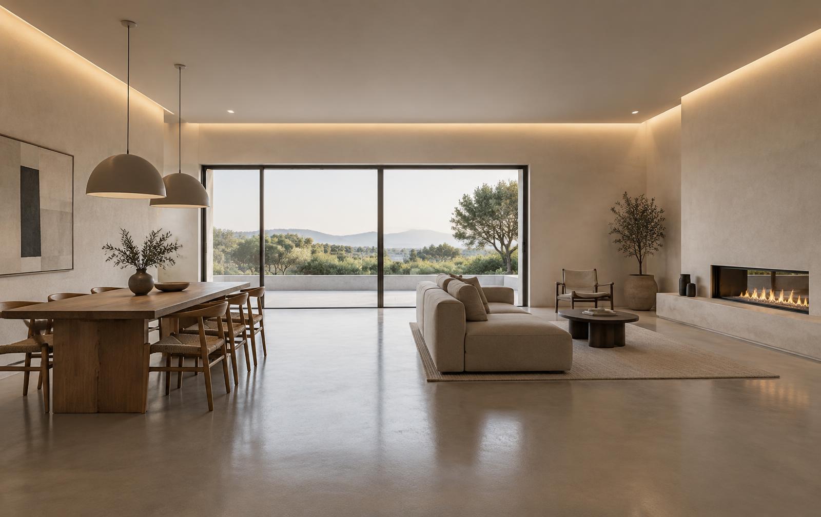 Finished modern interior with plaster walls and indirect lighting