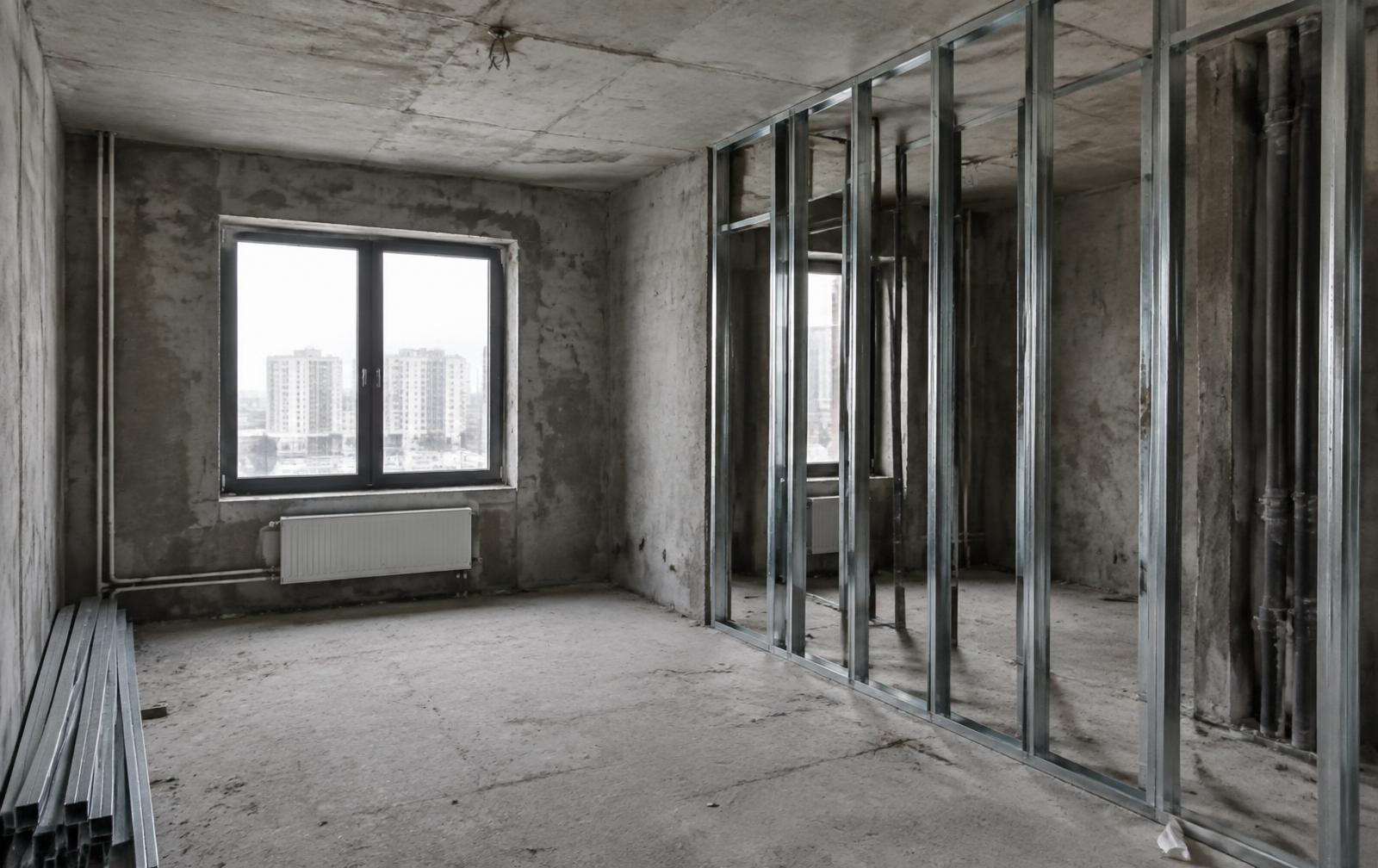 Unfinished interior during construction with exposed metal framing