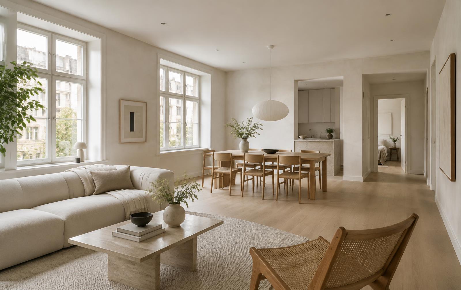 Bright nordic living interior with clean ceiling and recessed lighting