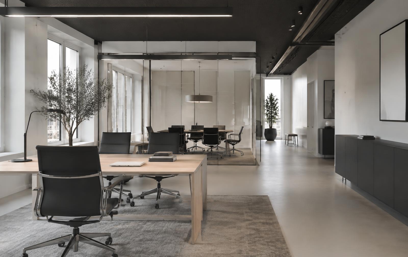 Scandinavian office interior with dark ceiling detailing and linear lighting