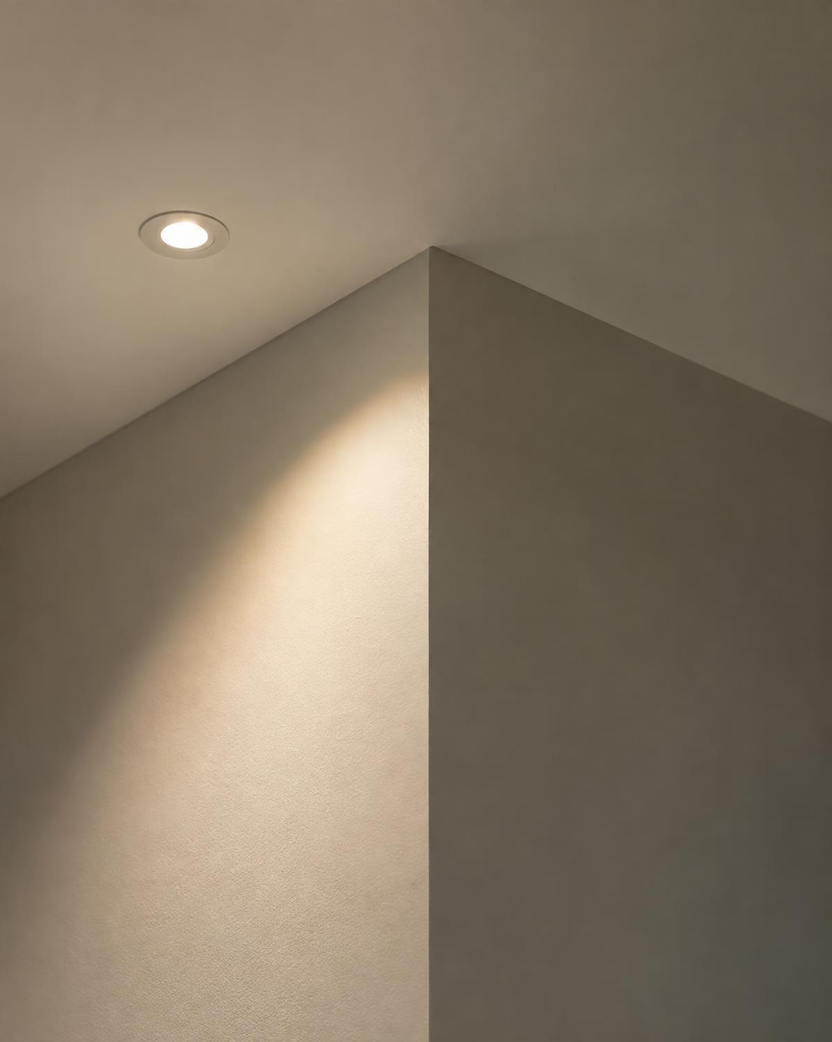 Plaster corner lit by a recessed ceiling spotlight