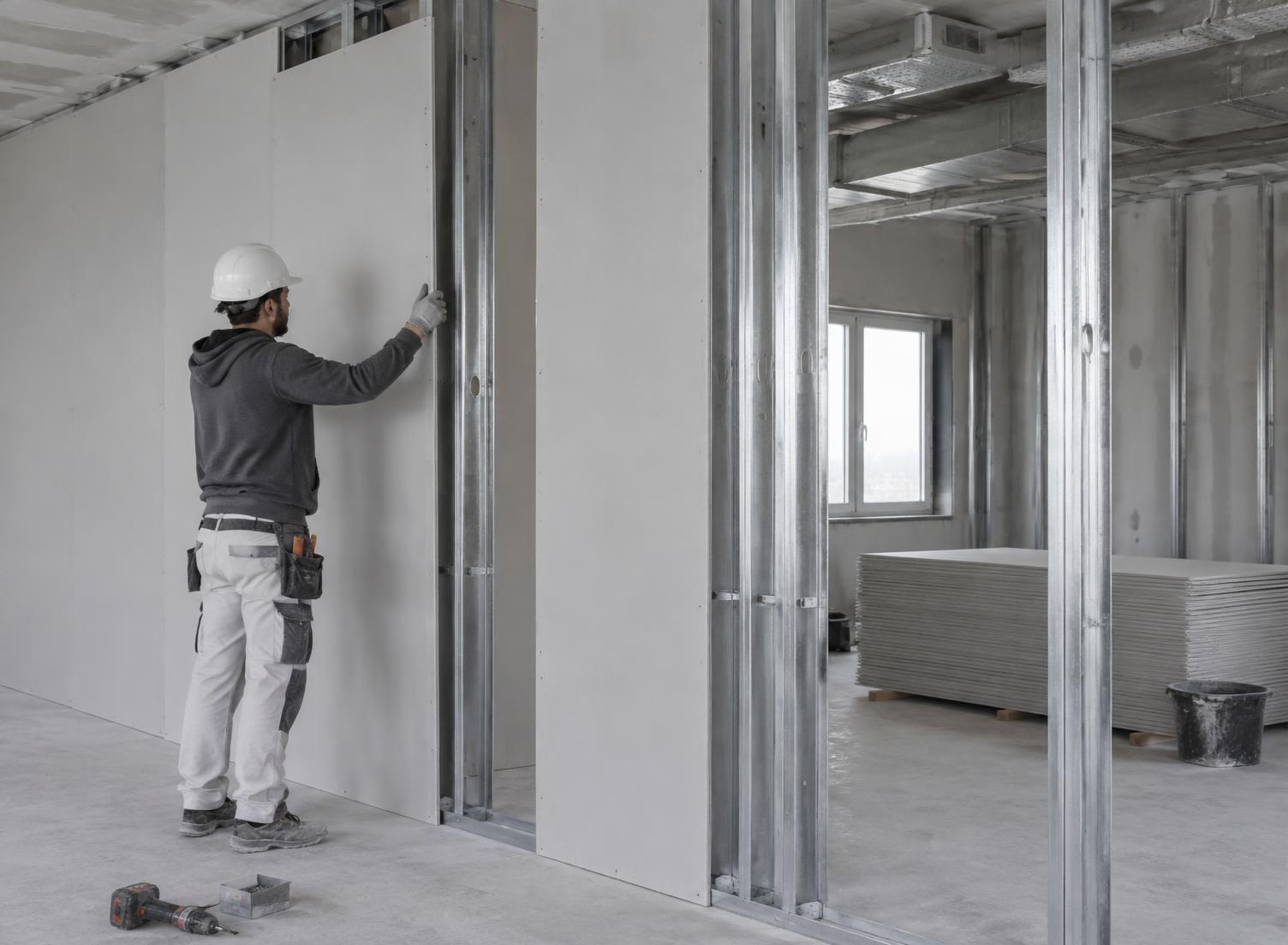 Drywall panels being installed on metal framing