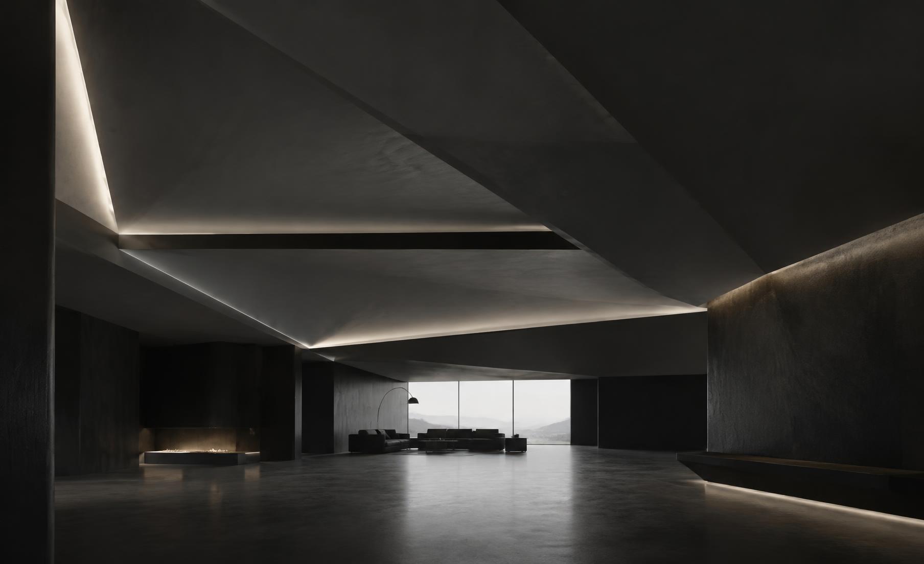 Dark interior with sculptural drywall ceiling planes and hidden lighting