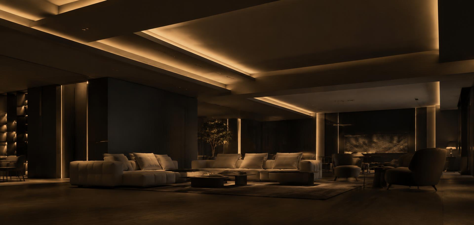 Panoramic dark lounge interior with layered ceiling bulkheads and indirect light