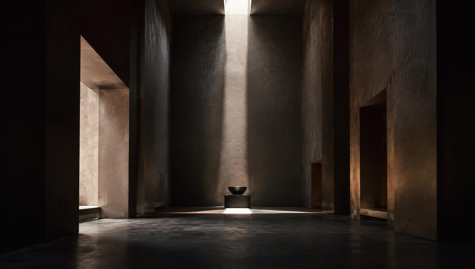 Monumental dark interior hall with a single shaft of daylight
