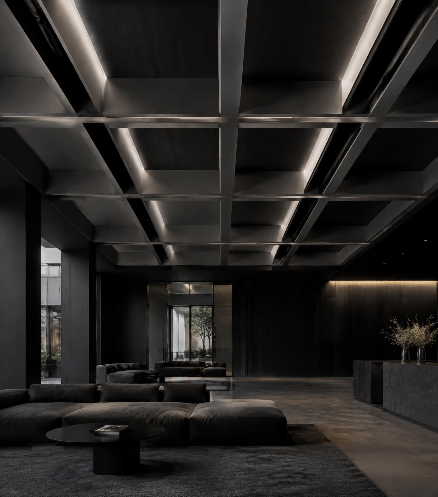 Geometric suspended ceiling with linear lighting