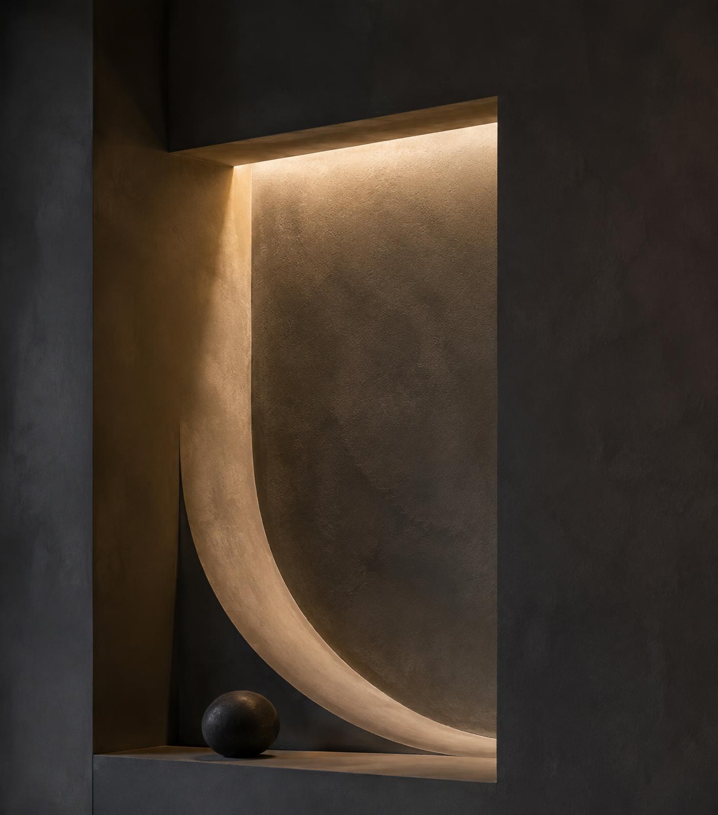 Illuminated architectural niche detail in a plaster wall