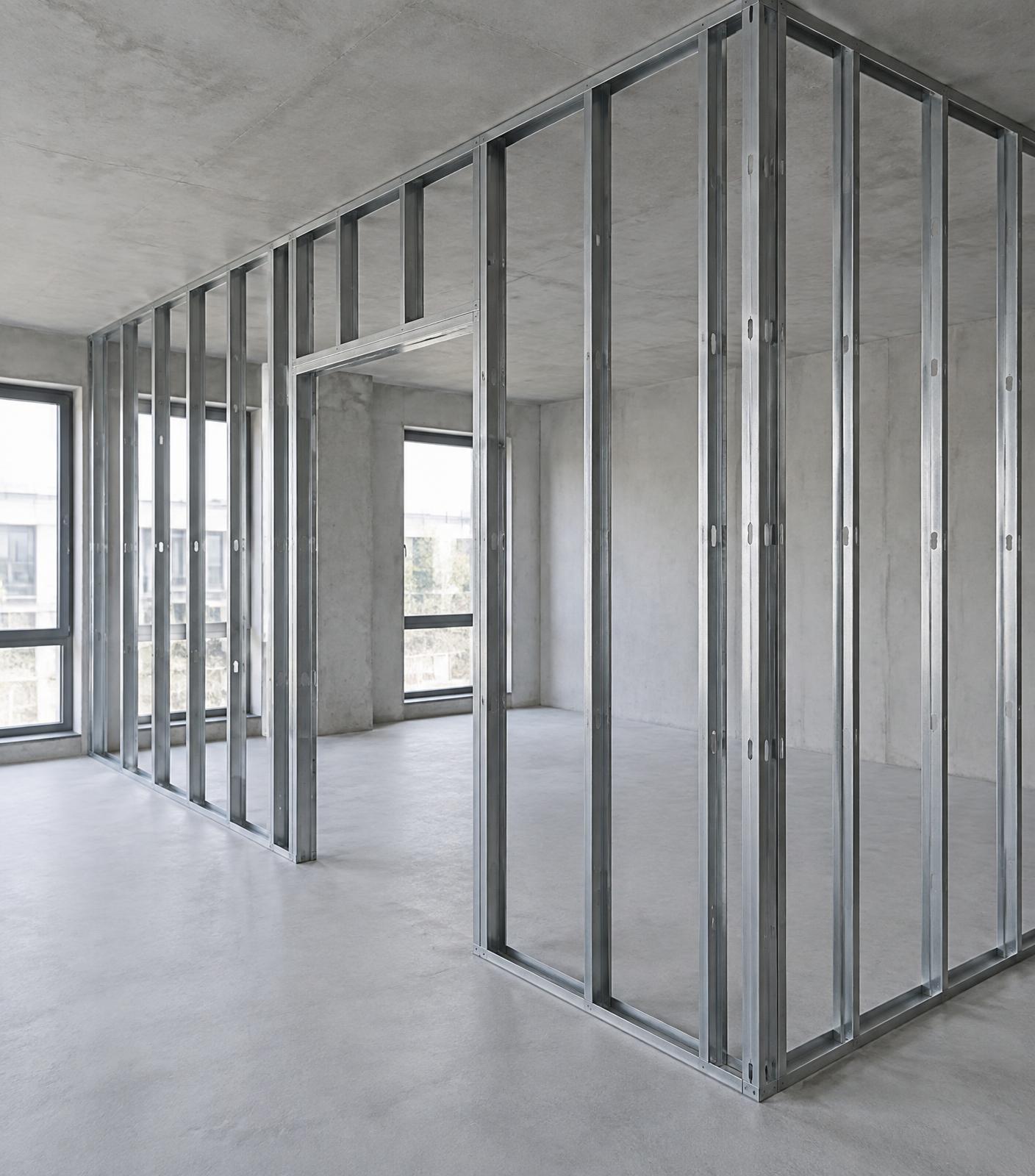 Metal stud framing for a drywall partition in an empty interior