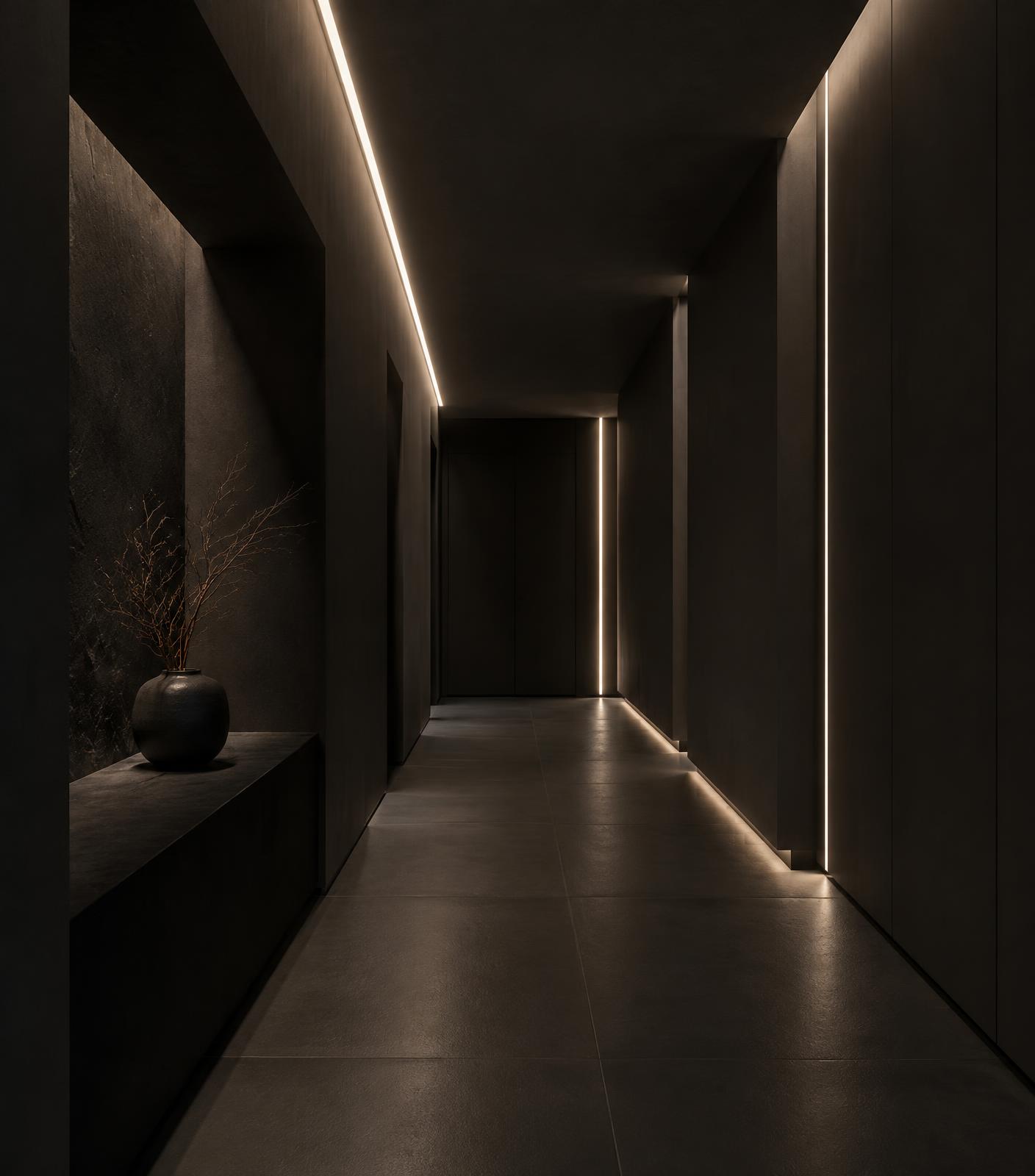 Dark corridor with linear lighting integrated into wall and ceiling recesses