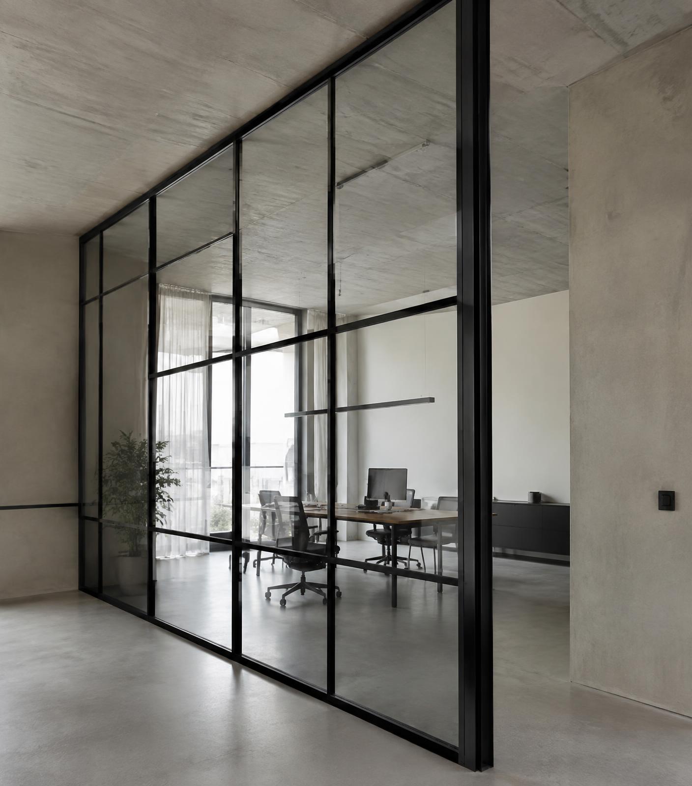 Glass and black steel partition dividing a minimal interior