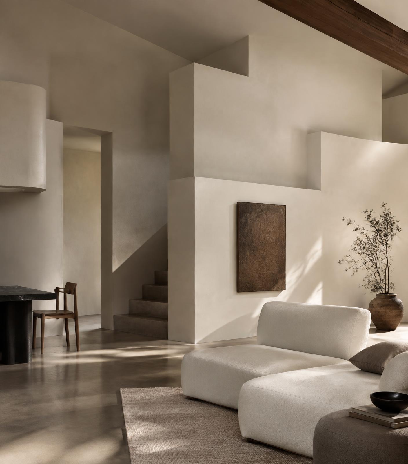 Finished minimal interior with sculptural plaster wall volumes